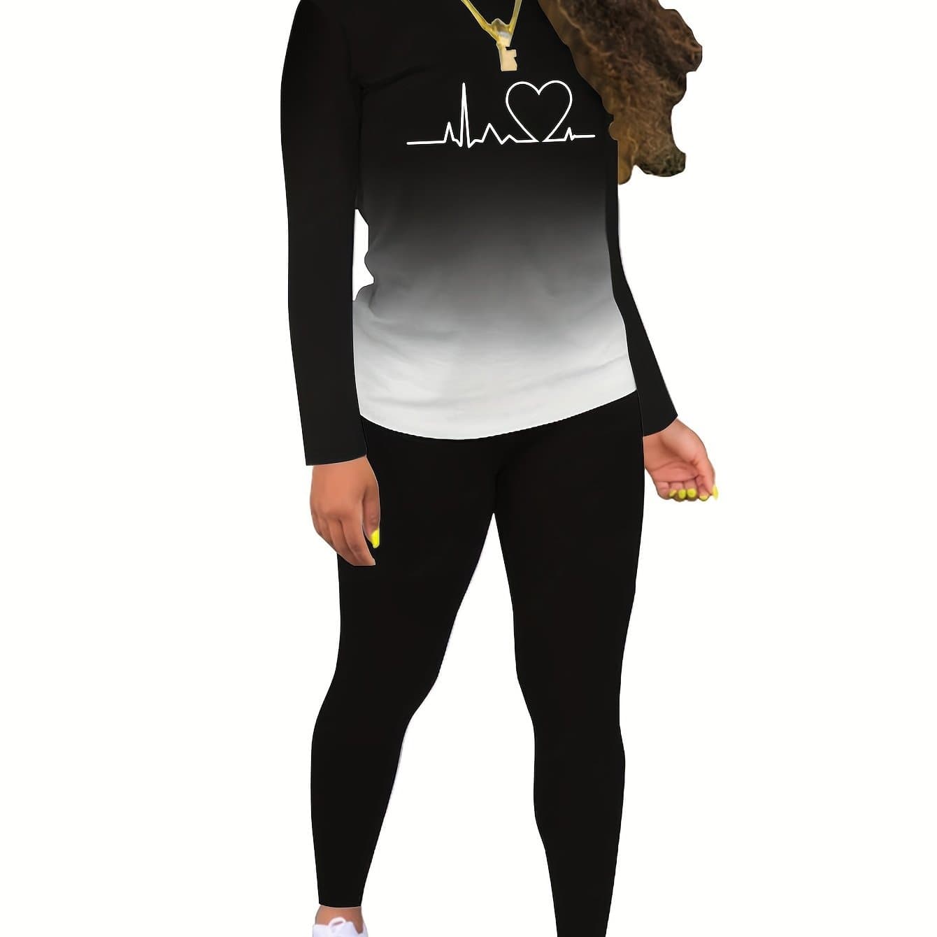 TEMU Chic Gradient Letter Print Women's Activewear Set - Stretchy Long Sleeve Crew Neck Top & Leggings, Machine Washable