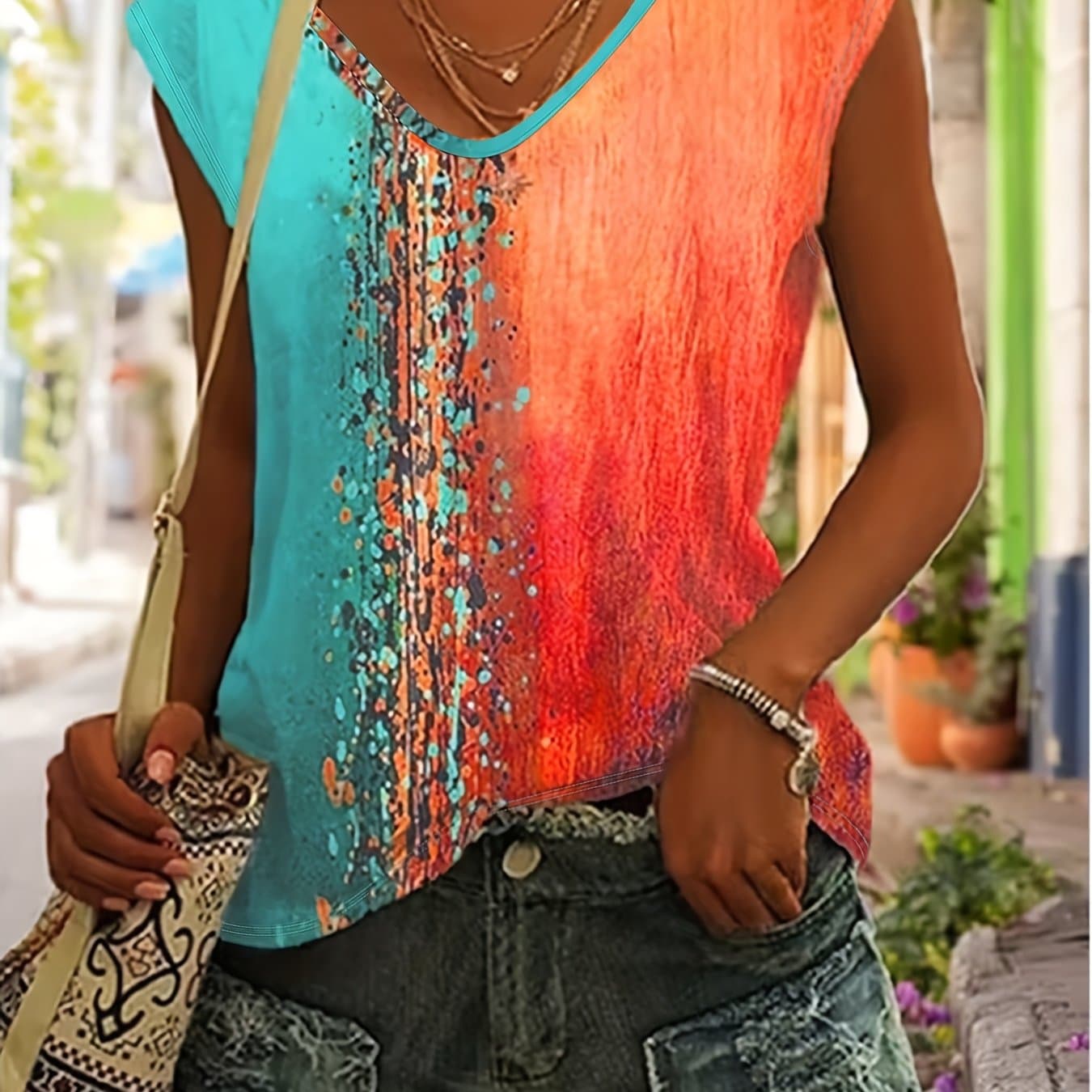 TEMU Women's Casual V-neck T-shirt, 95% 5% Elastane, 200g/m² Fabric, Drawing Pattern Tee, Versatile Top