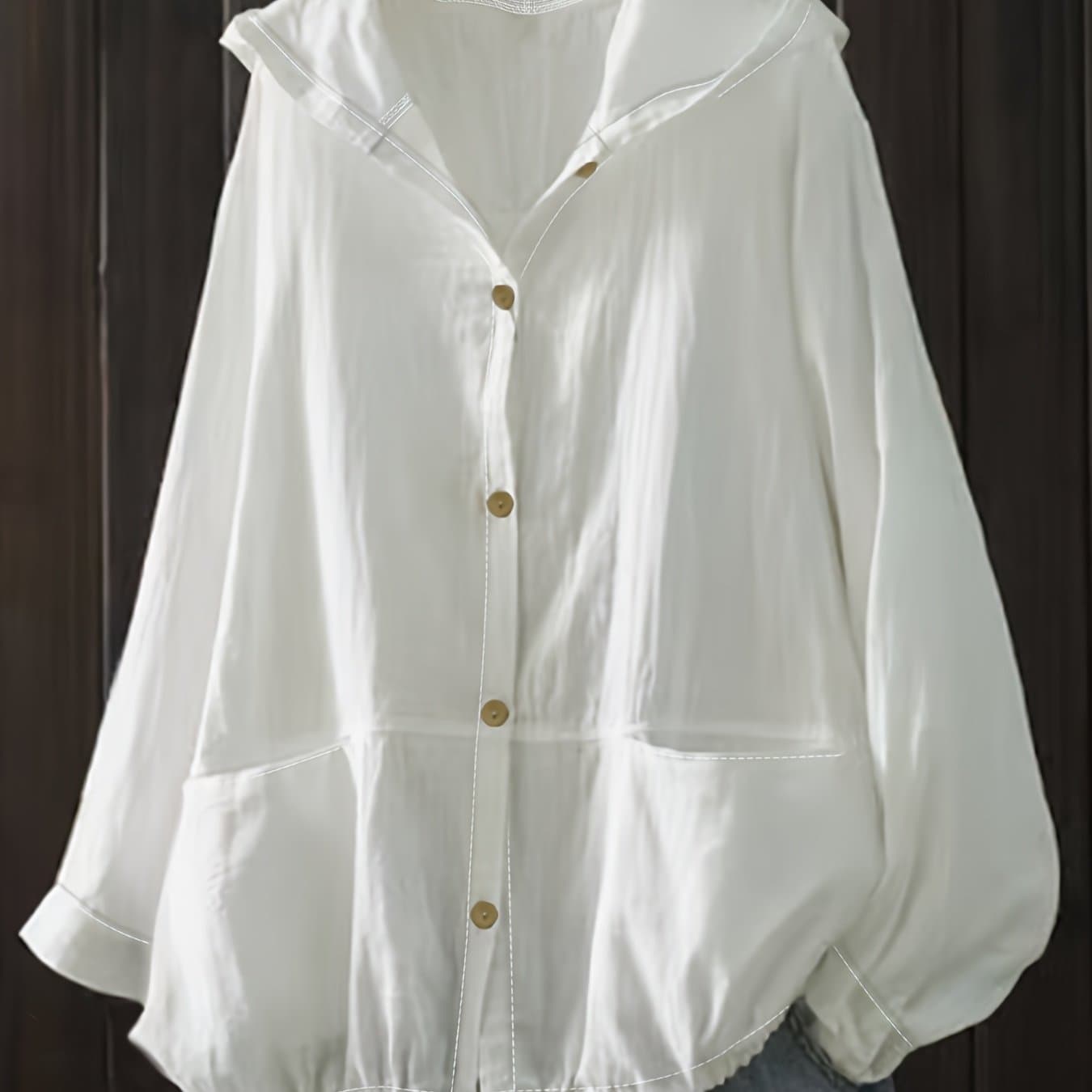 TEMU Plus Size, Plus-size Shirt, Loose Hooded Tie-front Button Cardigan, Drawstring Hem Lightweight Outerwear For Women