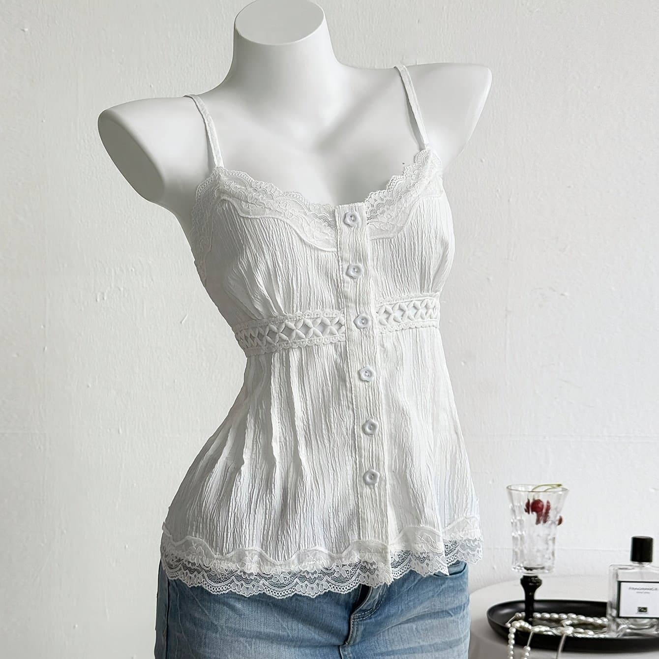 TEMU 95070# Elegant Summer Lace V-neck Bodycon Camisole Blouse For Women