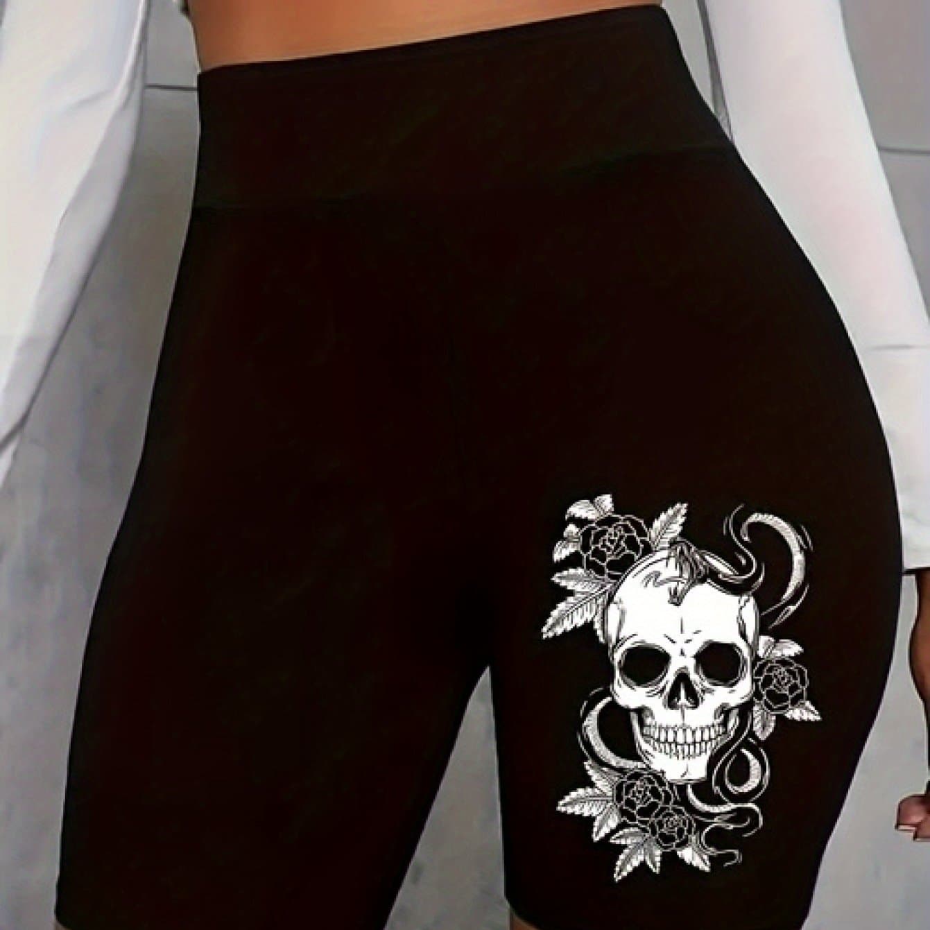 TEMU Women's High-waisted Casual Shorts With Artistic And Fashionable Prints - Machine Washable, Black, Comfortable For Daily Use | Fashionable Design |