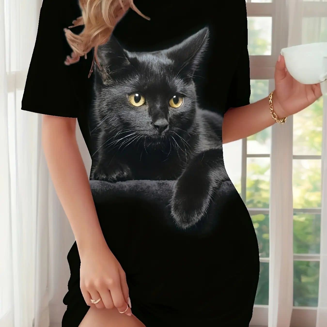 TEMU Women' Breathable Cat Print Pajamas Dress - Short Sleeve Round Neck T-shirt Dress Sleepwear Suitable For Home & Outdoor Wear, Spring Summer Casual Nightgown, Machine Washable Loose Fit Dress