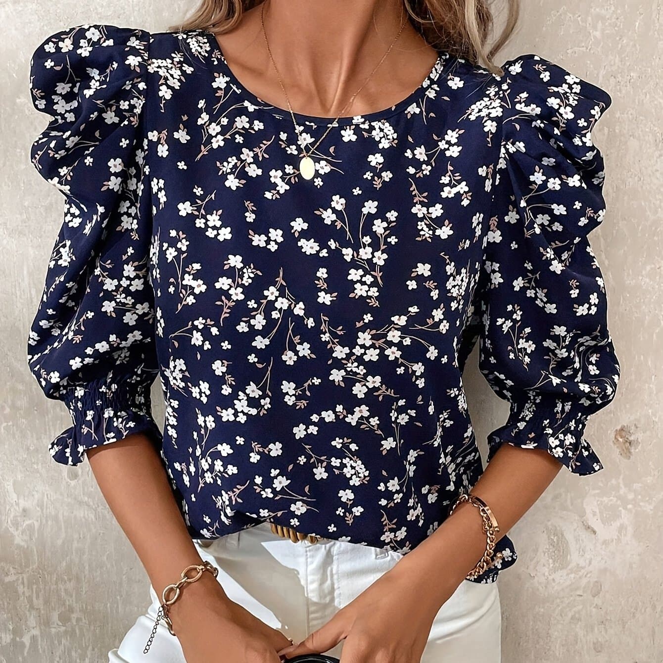 TEMU Elegant Women's Round Neck Floral Puff Sleeve Blouse
