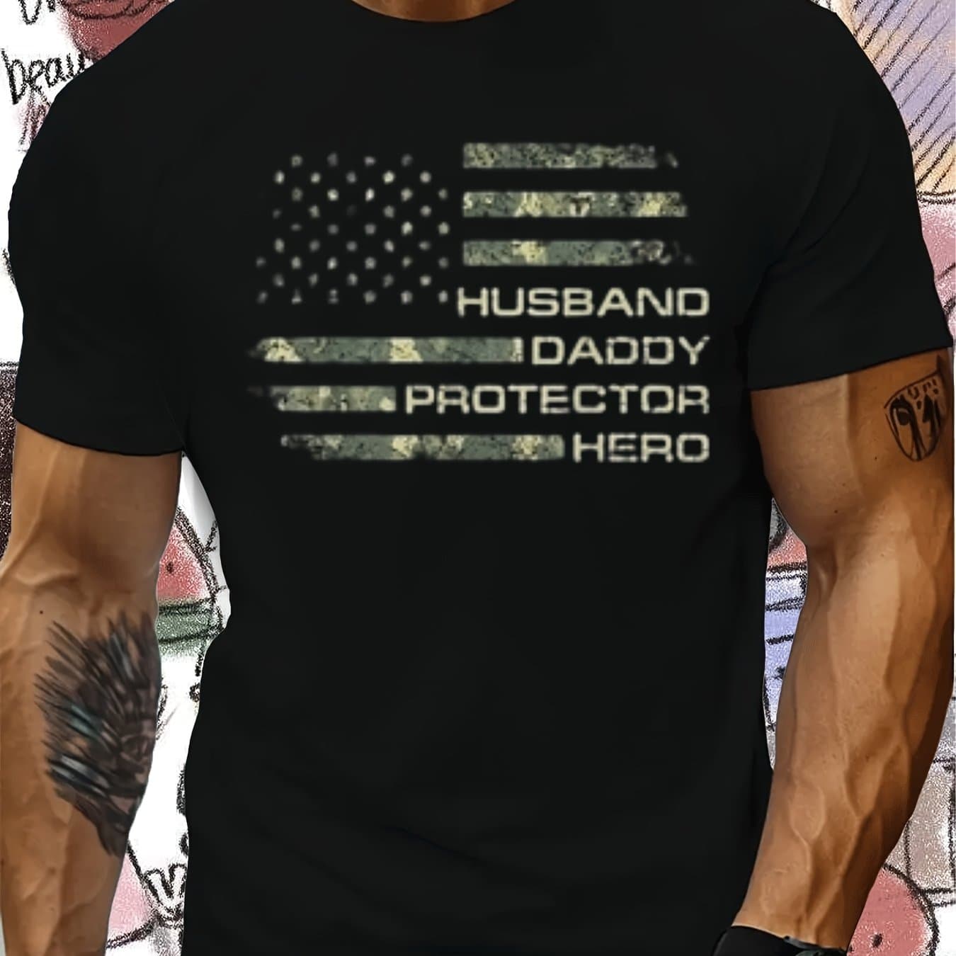 TEMU Men's Husband Daddy Protector Hero T-shirt - Camo Flag & Family Slogan Print (husband Daddy Protector Hero) - Fit Casual Short Sleeve Shirt For Father's Day Gifts, , Army - Machine Washable