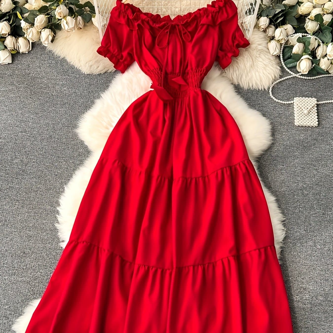 TEMU Spring/summer Dress For Women, Solid Color, Elegant And Gentle Style, Off-shoulder Neckline, Short Sleeves, Red Spliced Maxi Skirt, Puff Sleeves, Waist-cinching Fairy Dress, Sweet Vacation Dress,