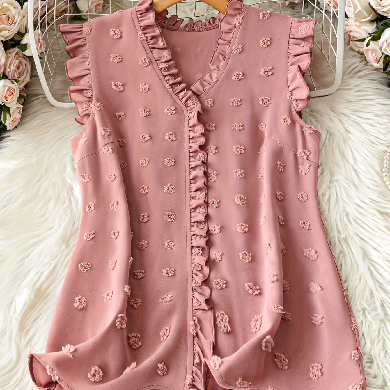 TEMU Elegant Women's Vacation Casual Solid Color Dot Sleeveless Top