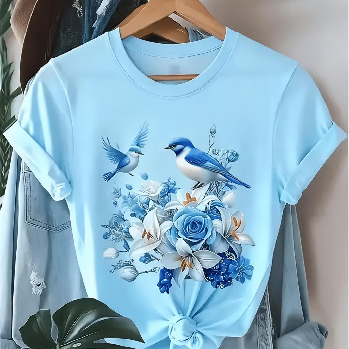 TEMU Relaxed Blue Bird Floral Tee, Great For , , Or Gifting, An Option For New Year's, Valentine's Day, And