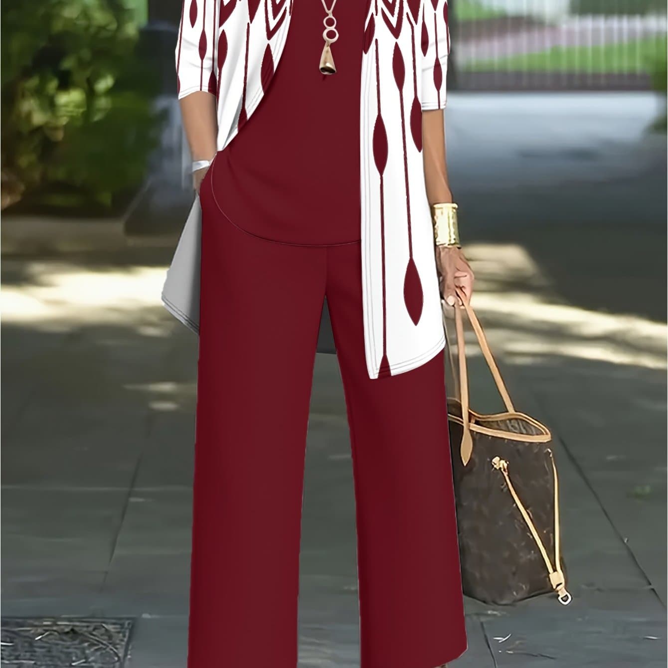 TEMU Ladies' Large Size Fashion Three-piece Set, Fashionable Printed Long Sleeve Jacket With Solid Color Inner Vest And Pants