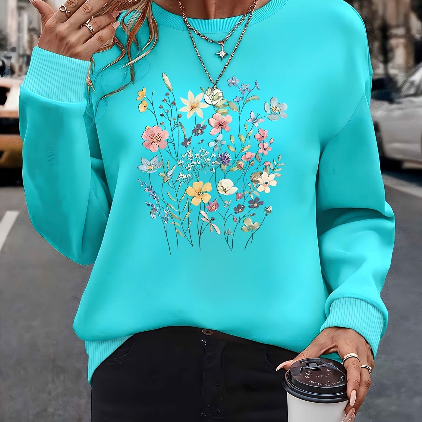 TEMU Floral Long Sleeve Round Neck Sweatshirt Women's Clothing