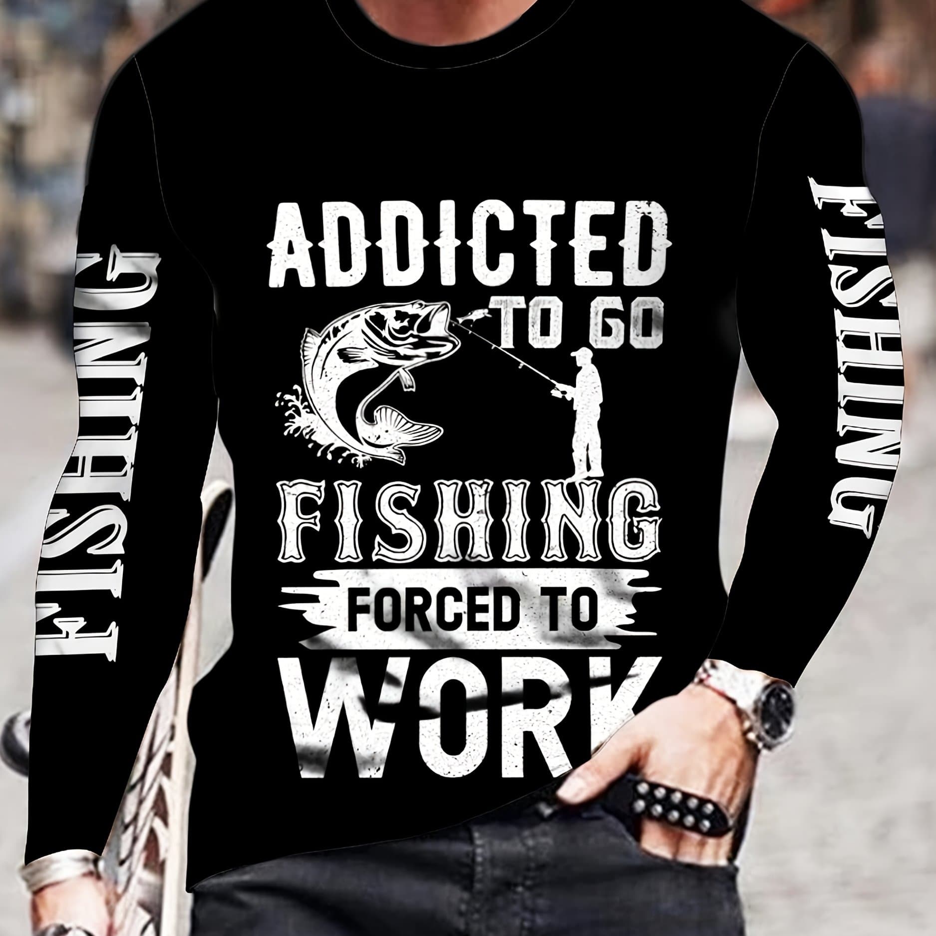TEMU Men's Quick-dry Fishing Shirt - Moisture-wicking, Long Sleeve, Crew Neck With Unique ' , Forced To Work' Print - Outdoor Activities & Sports