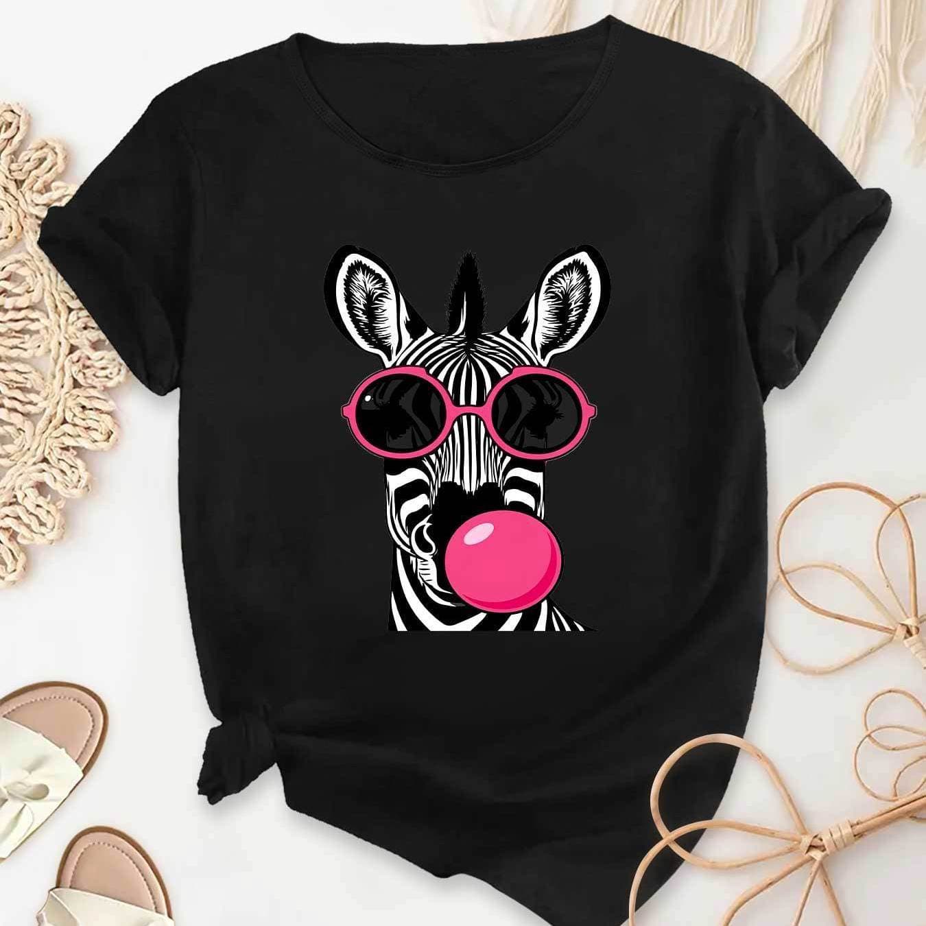 TEMU Cartoon Zebra Print Beautiful Women's Elegant Party Fashion Loose Fit Slim Fit Gift Soft Machine Washable Stretchy Athletic Crew Neck Short Sleeve Top