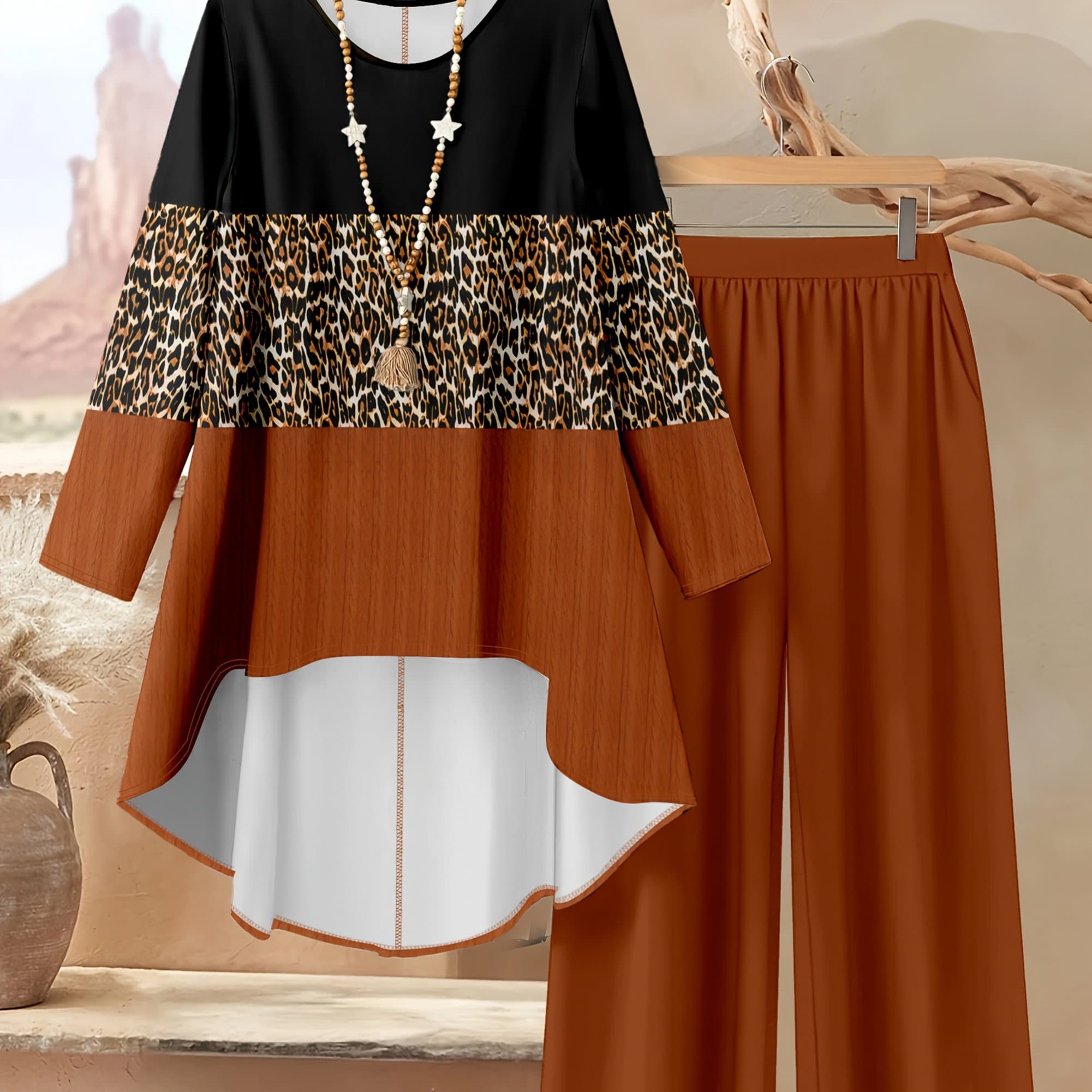 TEMU Women's Fashion Two-piece Set, Leopard Print 3-color Irregular Hem Top And Solid Color Long Pants Set