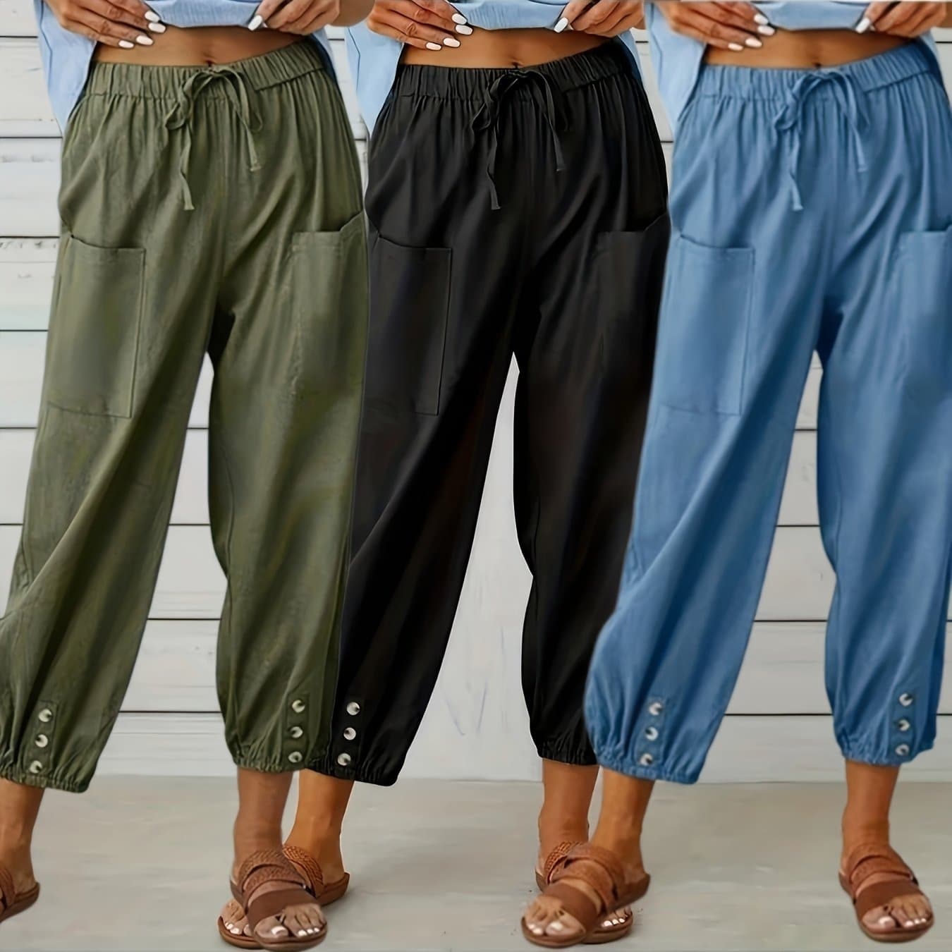 TEMU Three-piece Loose-fitting High-waisted Cropped Trousers With Wide Legs Suitable For Everyone, Featuring Pockets For During . Casual Pants Designed With An Elastic Waistband