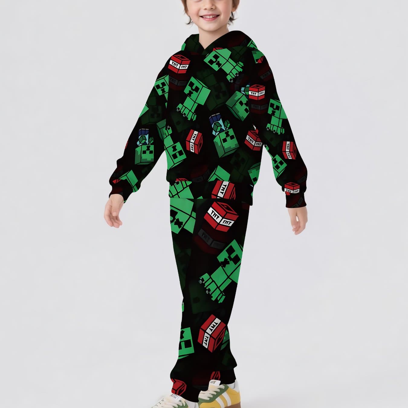 TEMU 2025 New Series Tnt & Creeper Prints Kids' Outfit, A Stylish Two-piece Set Featuring A Comfortable Hoodie For Boys, Perfect For Casual Sportswear And Autumn, For Outdoor