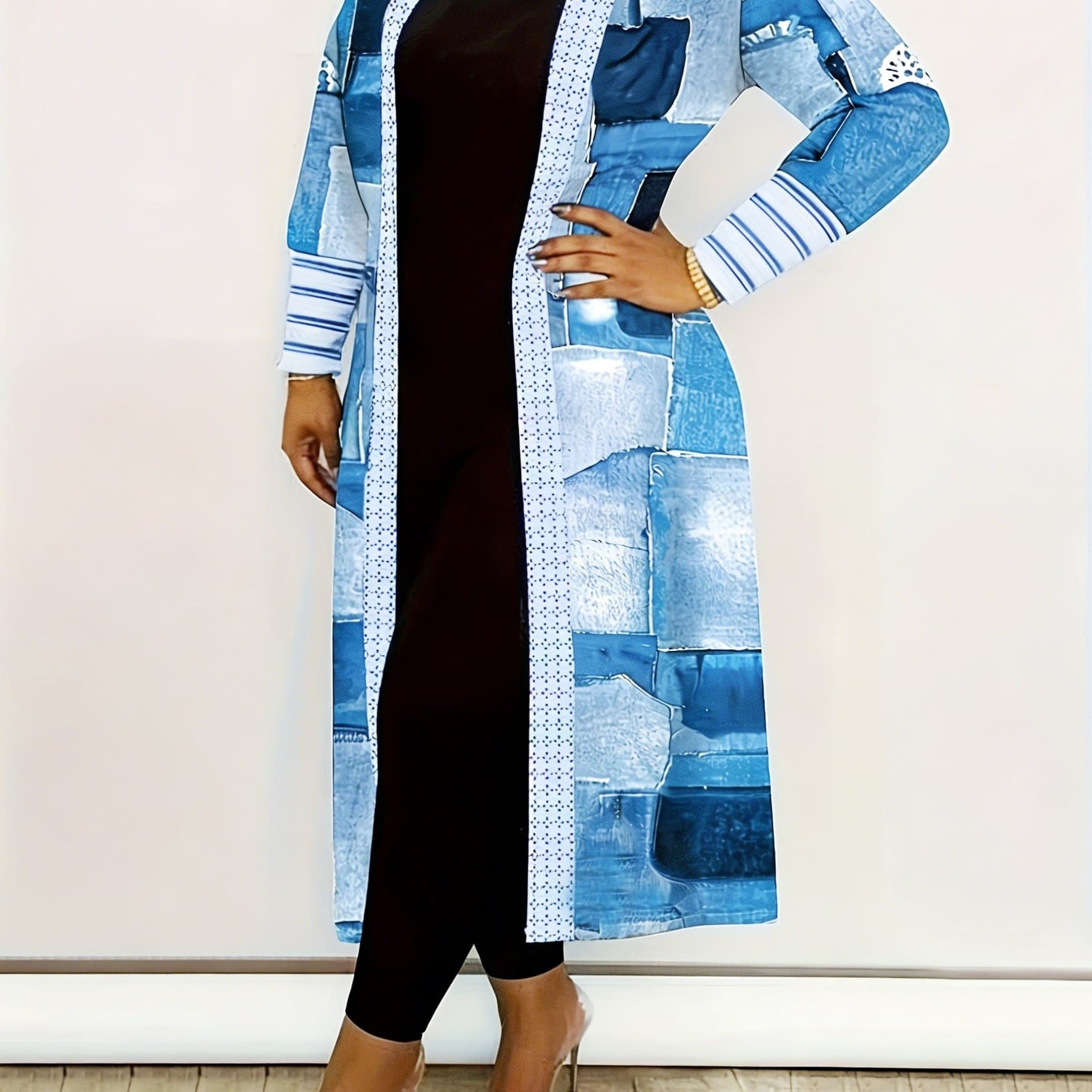 TEMU Stylish New Women's Jacket Featuring A Printed Design Without Texture, Color Block Pattern, Long Sleeves, And An Open Front, Perfect For Casual Wear