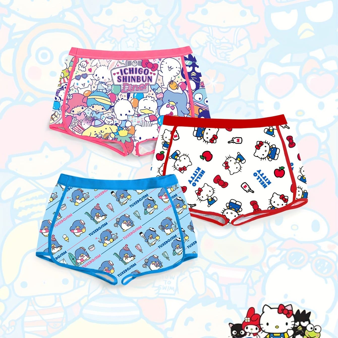 TEMU -branded Cute Cartoon Co-branded Printed Women's Boxer Briefs 3pcs Set