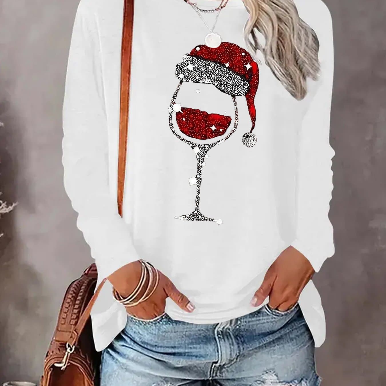 TEMU Women's Spring/autumn Casual Long-sleeve T-shirt With Solid Crew Neck And Wine Glass Christmas Hat Print Top