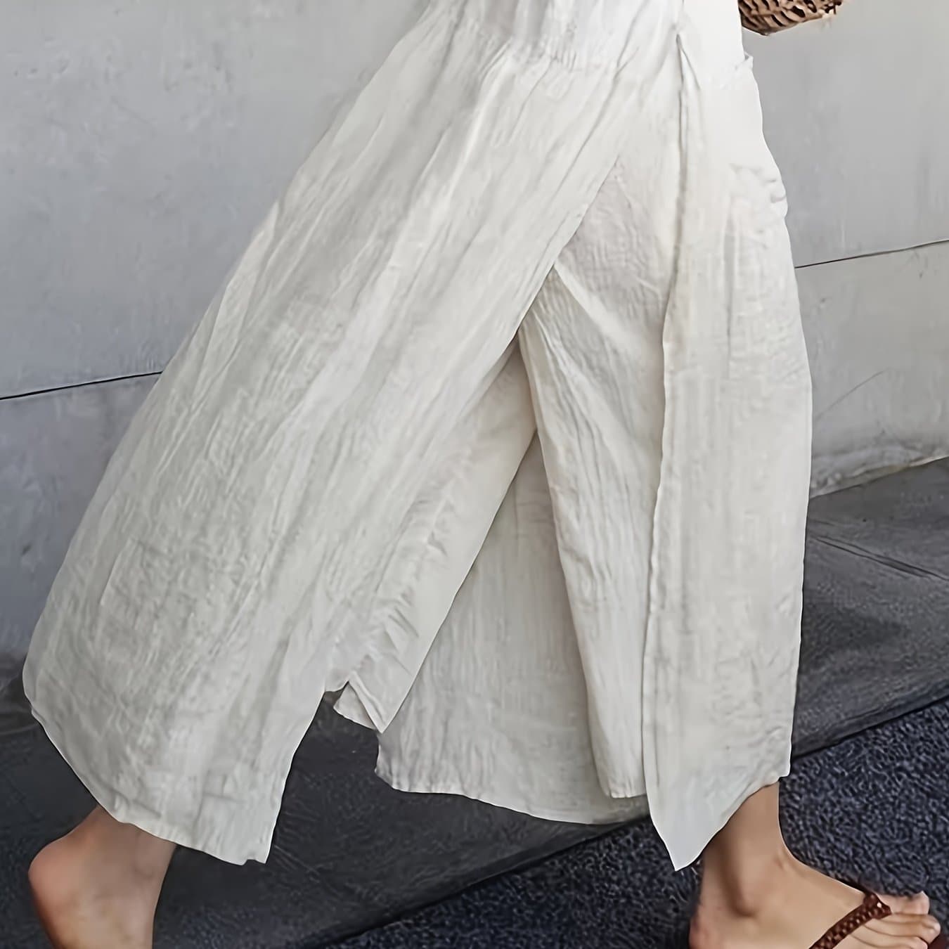 TEMU 3335 Artistic Vintage 2-in-1 Look, Loose And Elegant Pantskirt, Casual Flowy Cropped High-slit Pantskirt +