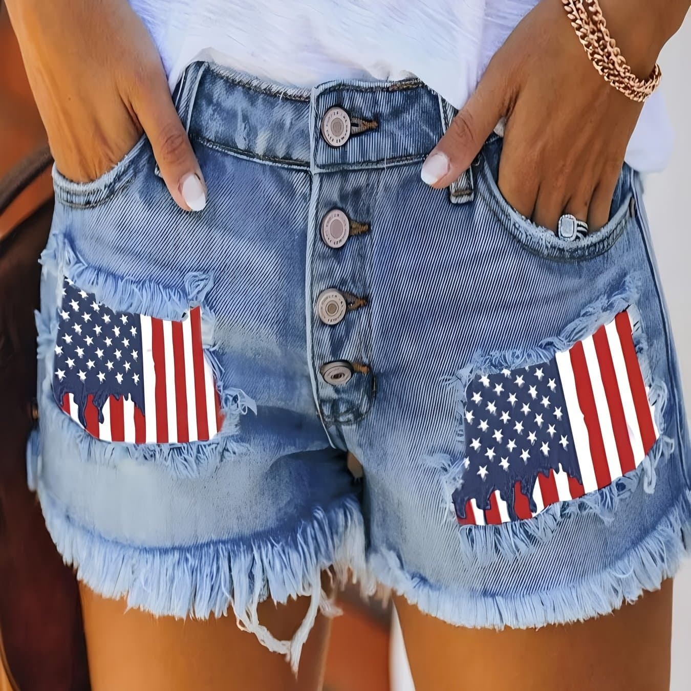 TEMU Women's Denim Shorts With A Ripped Tassel Design Featuring A Printed Flag Patch For The 2025 Trend