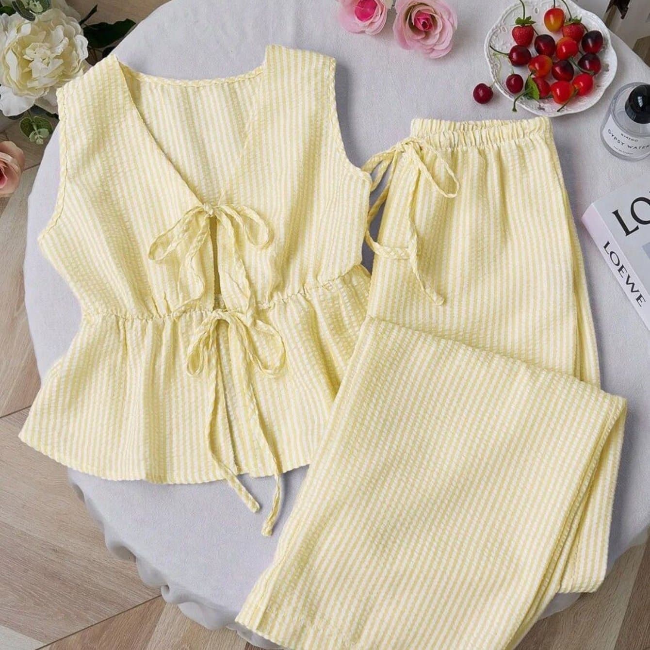 TEMU 2pcs Women's Summer Tie Front Waist Cinched Sleeveless Top + Wide Leg Pants Set | Minimalist Design, Ideal For Daily Commuting Dates And Multi-scene Wear
