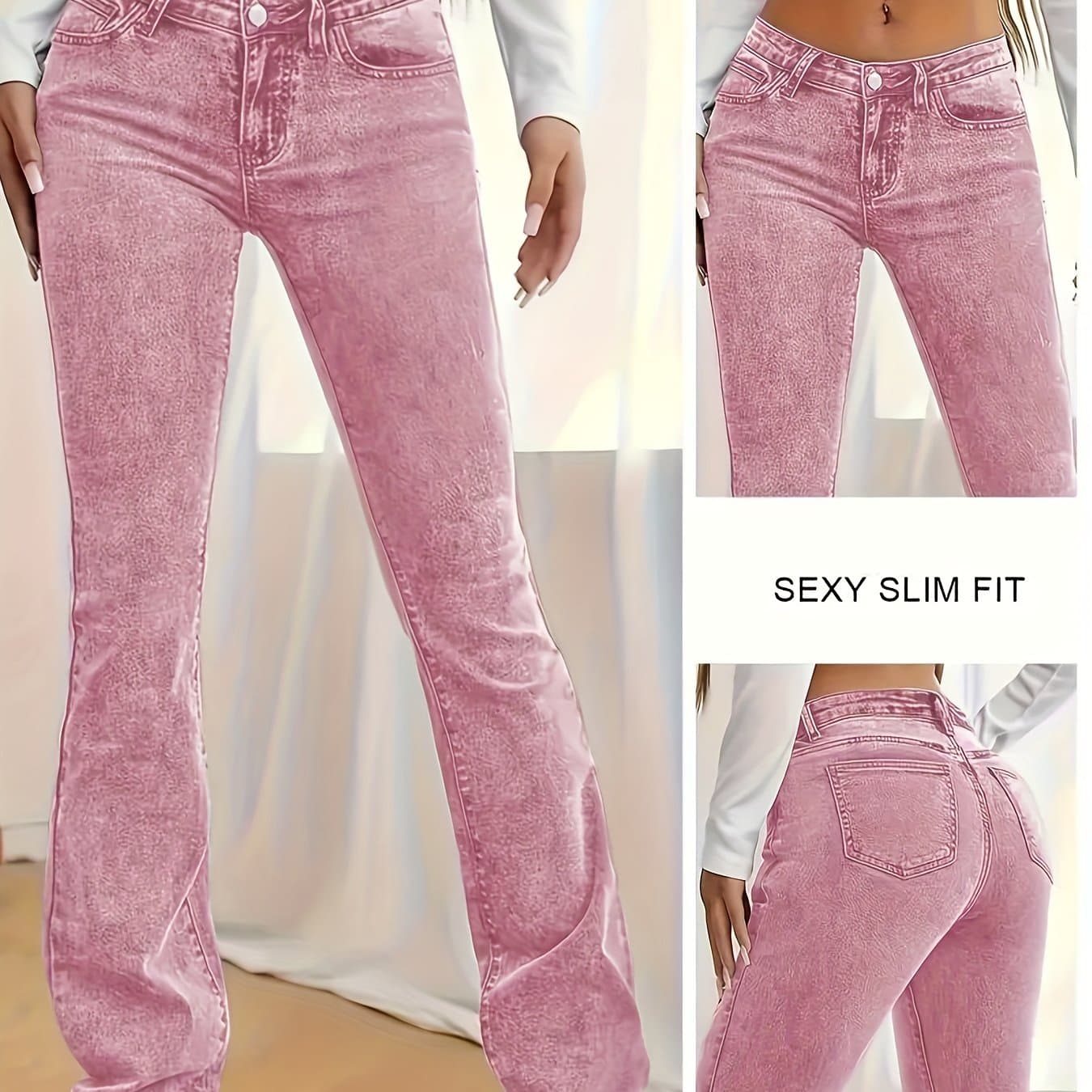 TEMU 2026 New [long Length Skinny Flare Jeans] Women's Casual Skinny Flare Jeans, Long Length, Low Waist, Button Fly, Medium Stretch, All , Solid Color