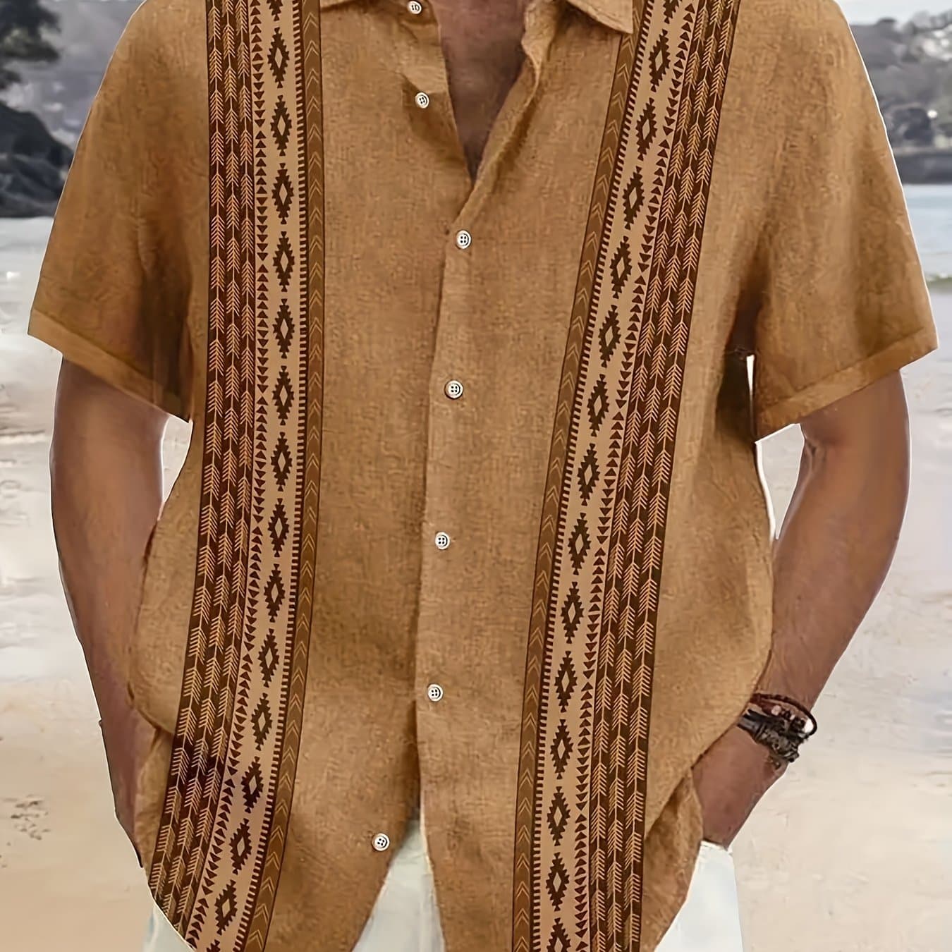 TEMU Plus Size Men's Vintage Geometric Ethnic Pattern Button Shirts, Lapel Hawaiian Summer Clothings For Party Holiday