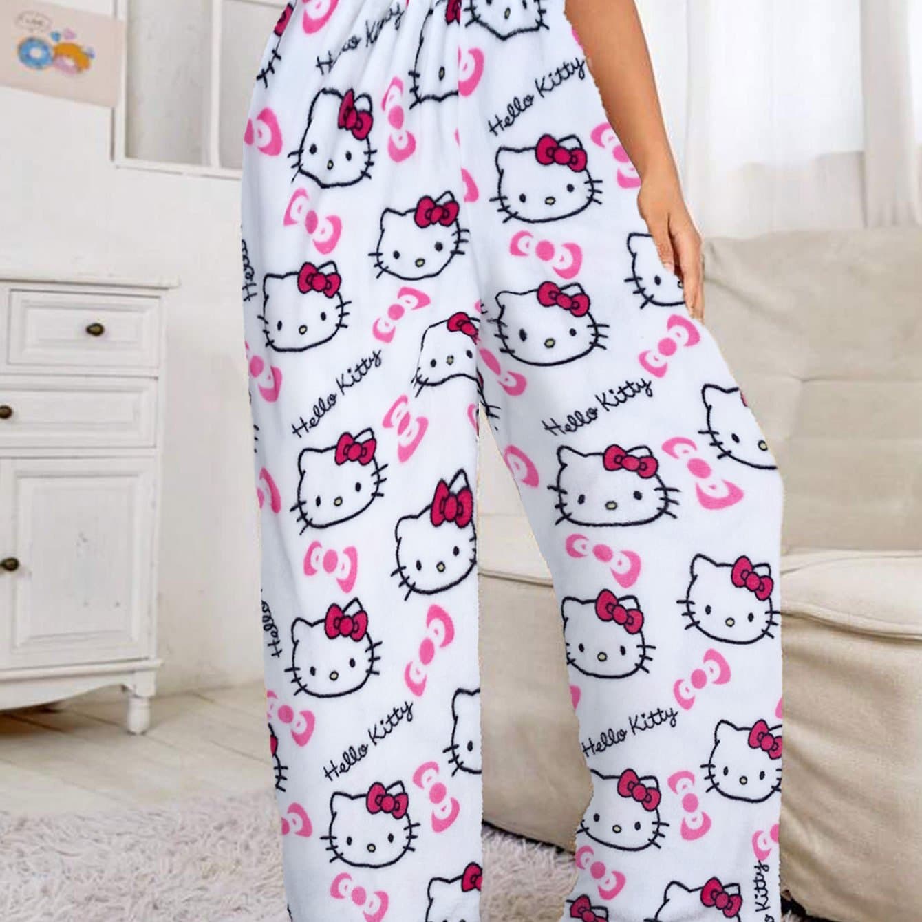 TEMU Hello Kitty Women's Y2k Kawaii Anime Pajama - Hello Kitty Face & Iconic Print, Cozy Flannel Sleepwear For - Lounge, Pajamas For (non-) thumbnail 2
