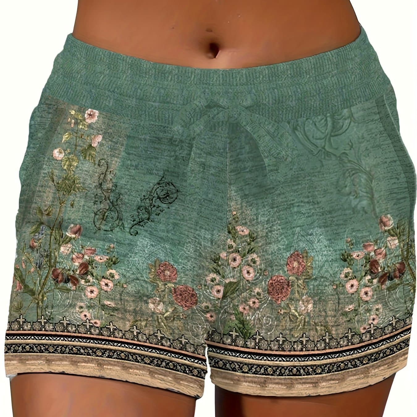 TEMU Women's High-stretch Floral Print Shorts - Casual Drawstring Waist, Breathable Polyester Blend, Perfect For Summer