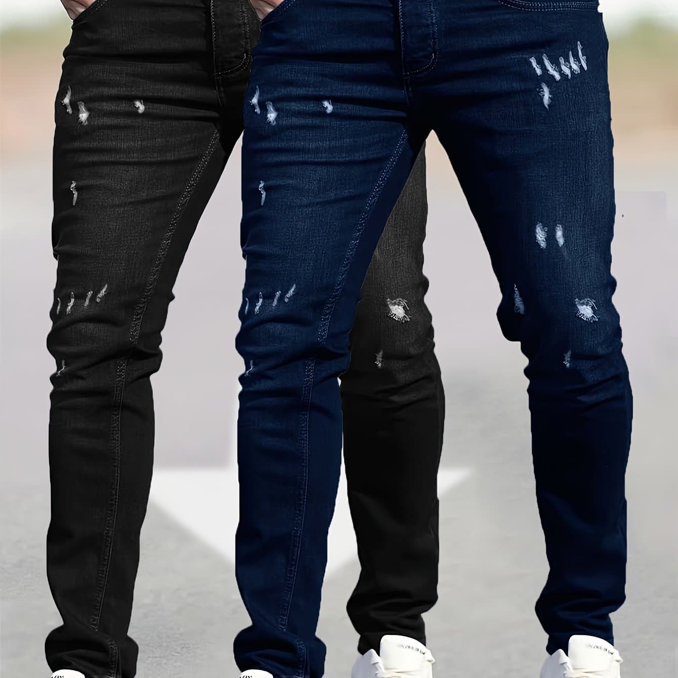 TEMU 2 Pcs - Trendy Ripped Jeans For Men - Fashionable Street Style Stretch Jeans For Men - Suitable For All