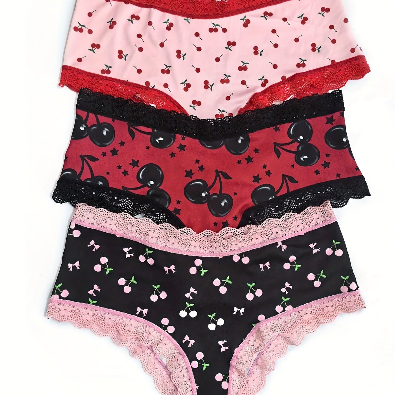 TEMU Cherry Series Colorful Lace Print Women' Panties Three-pack