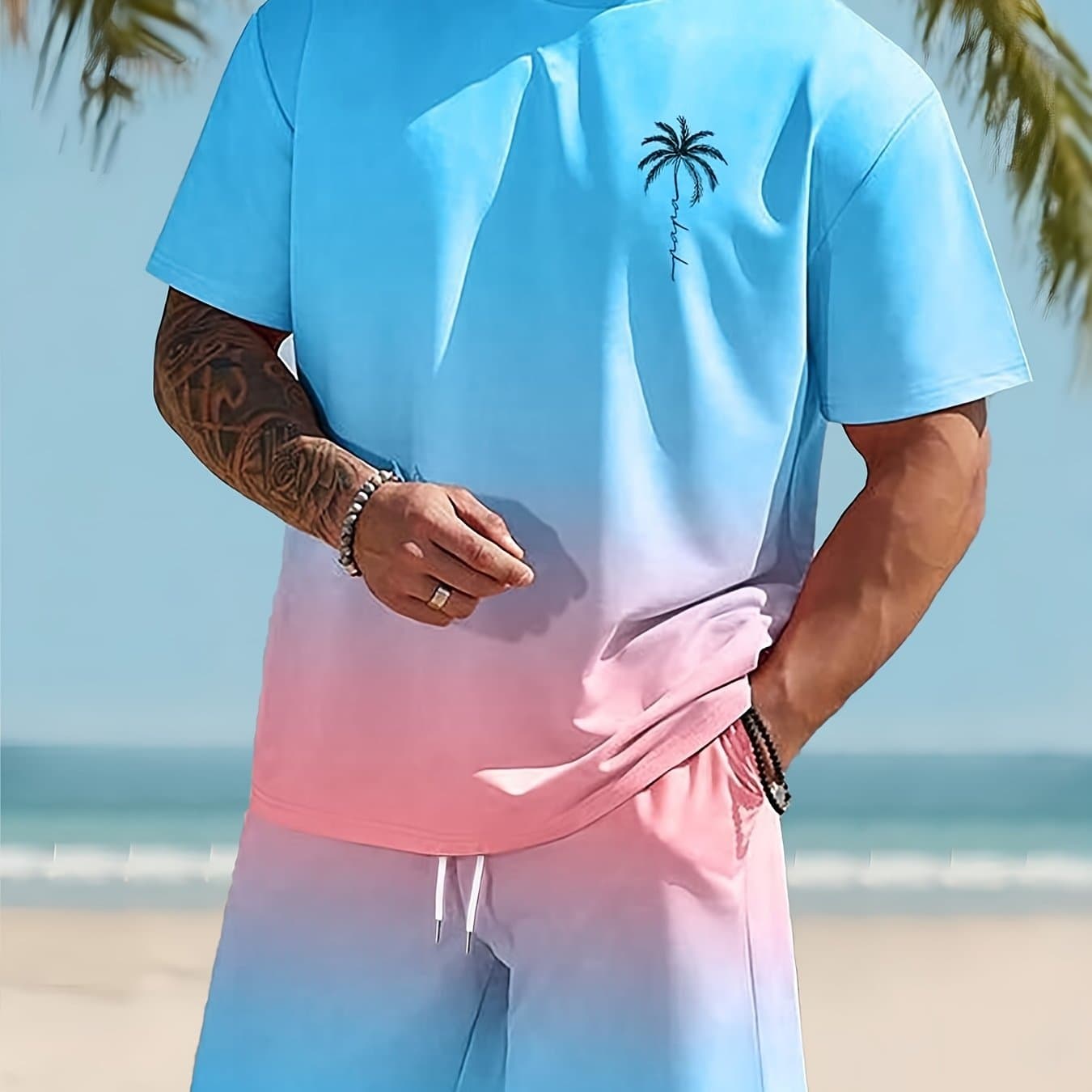 TEMU Men's -like Gradient Beach Style Short-sleeve T-shirt And Drawstring Shorts, A Two-piece Casual Sports Outfit For Spring And Summer