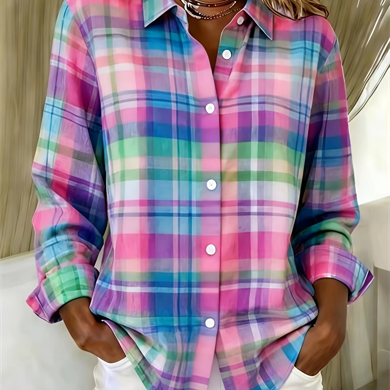 TEMU Plus Size, Size Long Sleeve Collared Casual Print Shirt thumbnail 3