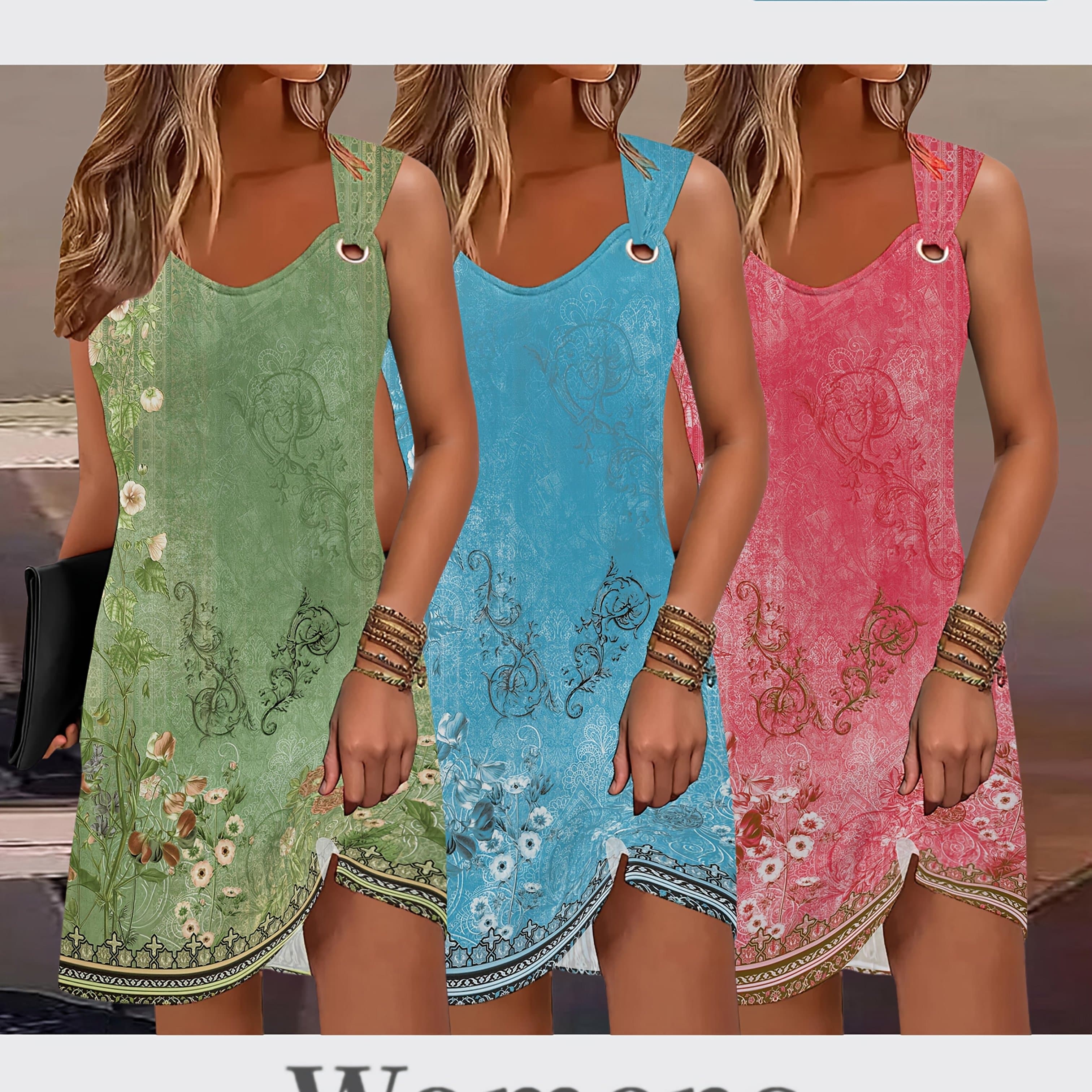 TEMU 3 Individually Packaged Summer Tie-dye Camisole Dresses, Casual Loose Fit With Eyelet V-neck, Basic Tie-dye Camisole Dresses