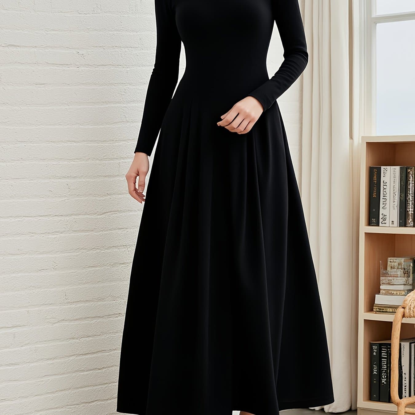 TEMU Women's Elegant Solid Black High-neck Long Dress With Long Sleeves And Pleated Hem, A Easy And Versatile Women's Dress Suitable For Dates And Office Wear, Women's Clothing For Autumn And Winter