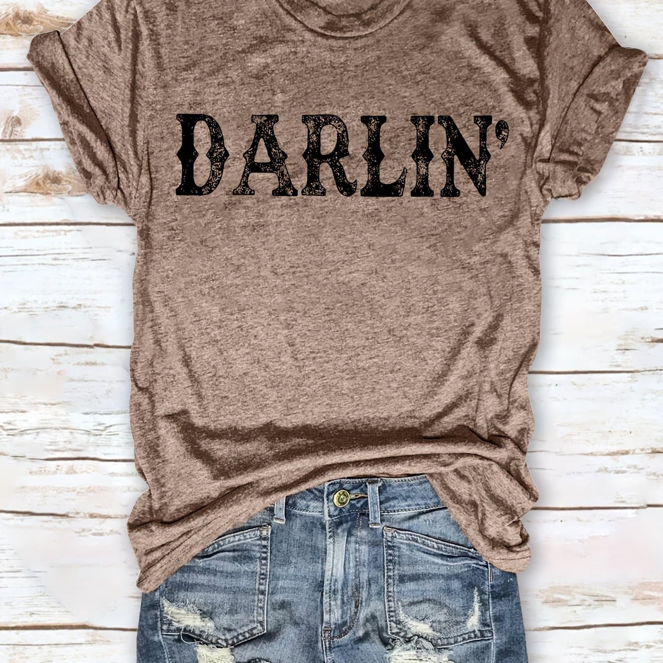 TEMU Darlin Women's Minimalist Letter Round Neck T-shirt With A Western Style