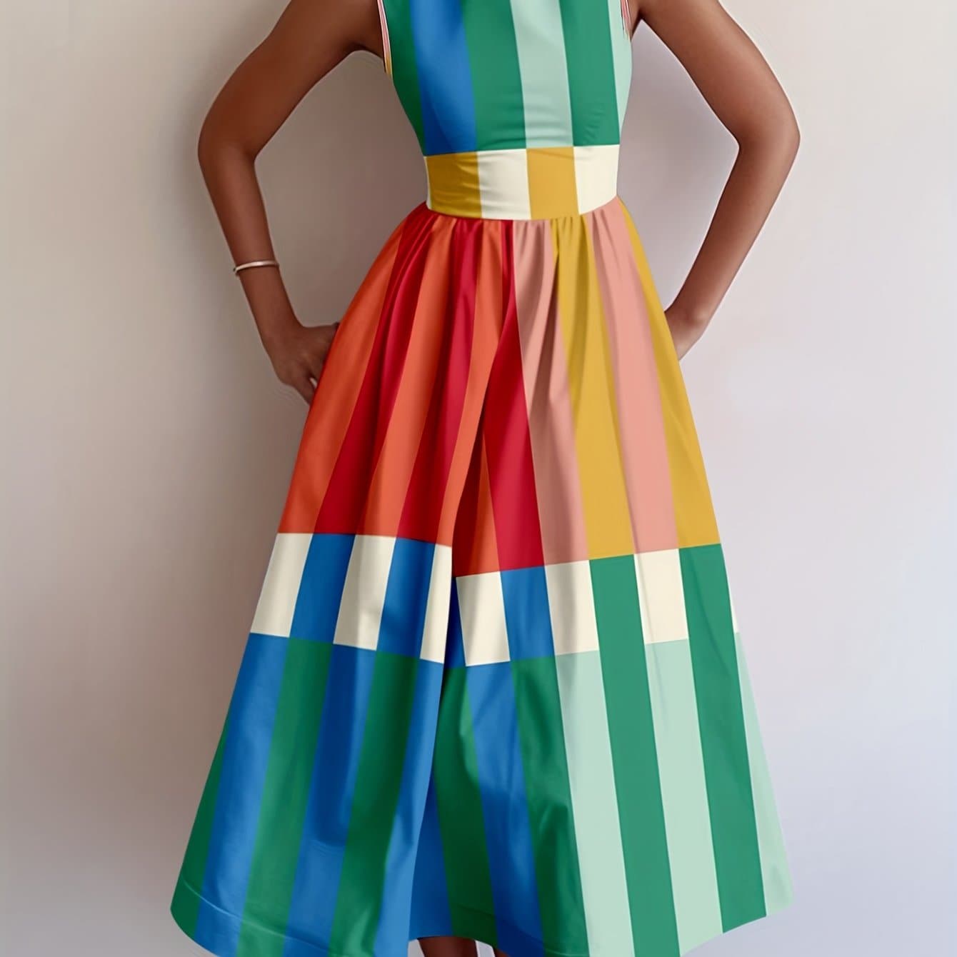 TEMU 2026 Sweet & Women's Elegant Bohemian Party Mini Dress, Colorful Geometric Stripe Print Camisole Midi Dress, Sleeveless Off-shoulder Sundress For Spring/summer, Unique Holiday Gift, Beachwear,