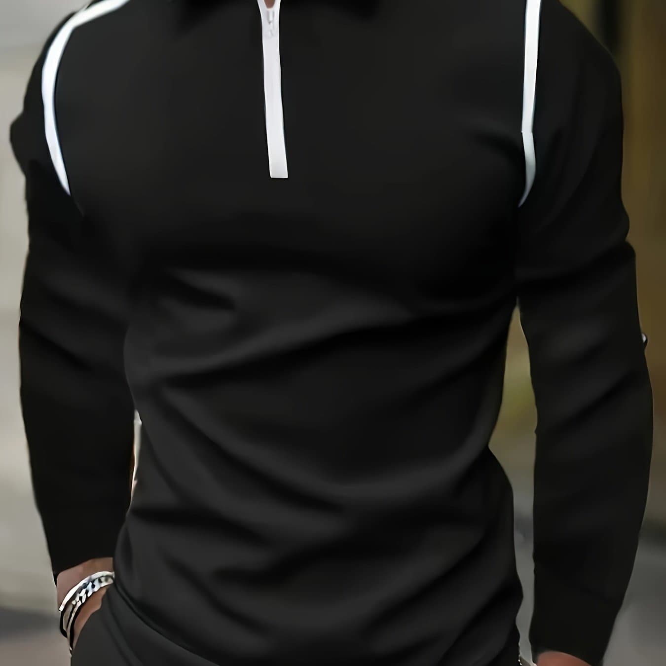 TEMU Men's Black Long-sleeve Shirt, Skin-friendly, Featuring Geometric Stitching , A Fashionable Zip Design For 2024