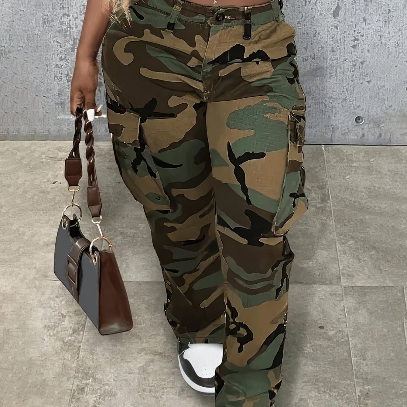 TEMU Women's Camo Cargo Pants Wide Leg Camouflage Army Fatigue Sweatpants With Flap Pockets Streetwear In Women's Fashion
