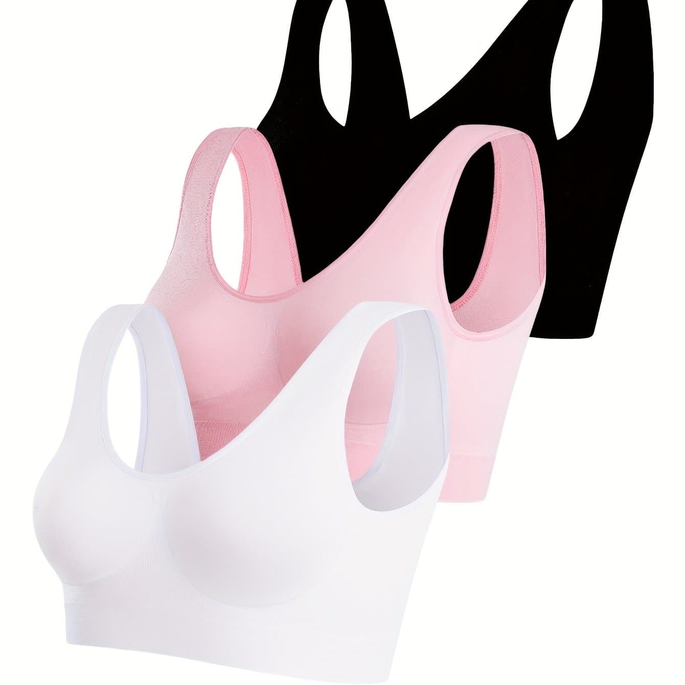 TEMU 3pcs Women' Sports Bras - Thin Ribbed Nylon, No Padding, Breathable & Elastic, Backless Design For Casual Wear - /beige