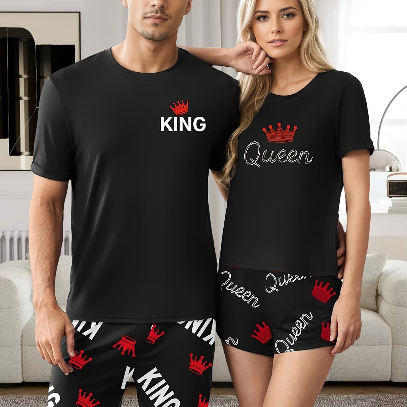 TEMU Men/women 's Day Couple Style Loungewear Short Sleeve Shorts King And Queen Letter Print Pajama Set, + Of Pants For Men Or Women