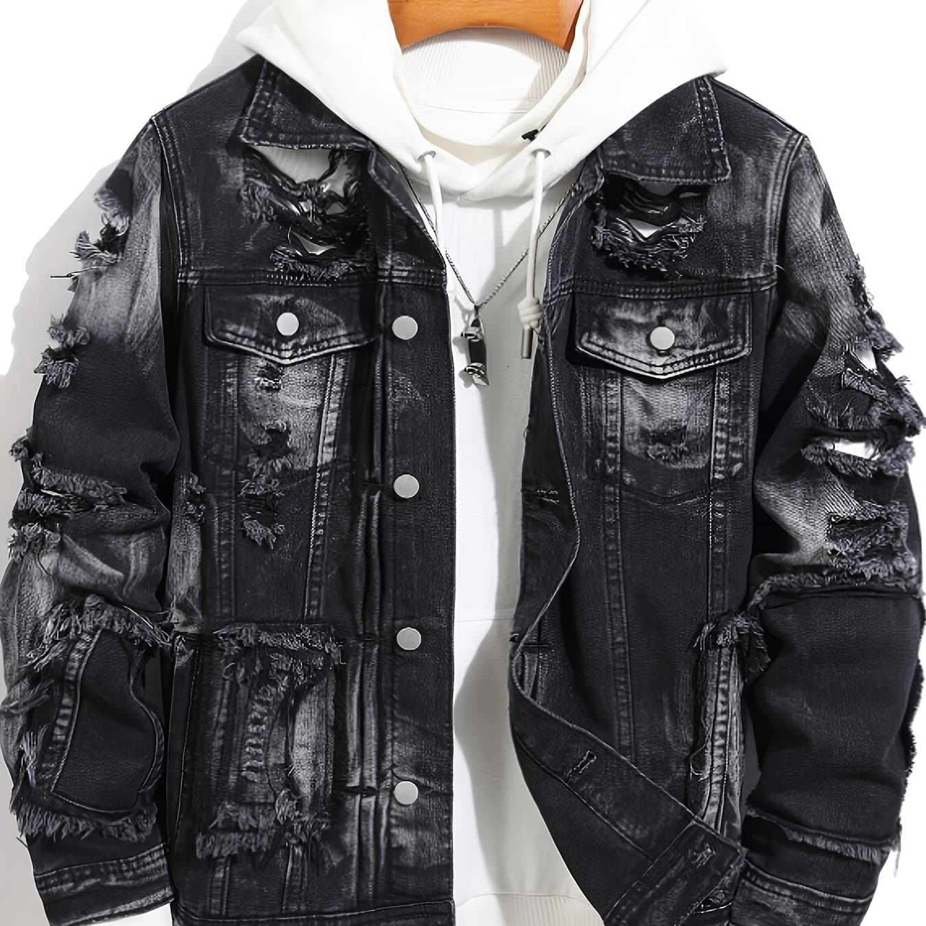 TEMU [hme] New Autumn And Winter Trendy Men's Denim Jacket, Loose Fit, -back And Suitable For All Body Types, Retro Washed Perforated Style, Aged Effect, Amis , Street Fashion Men's Denim Jacket
