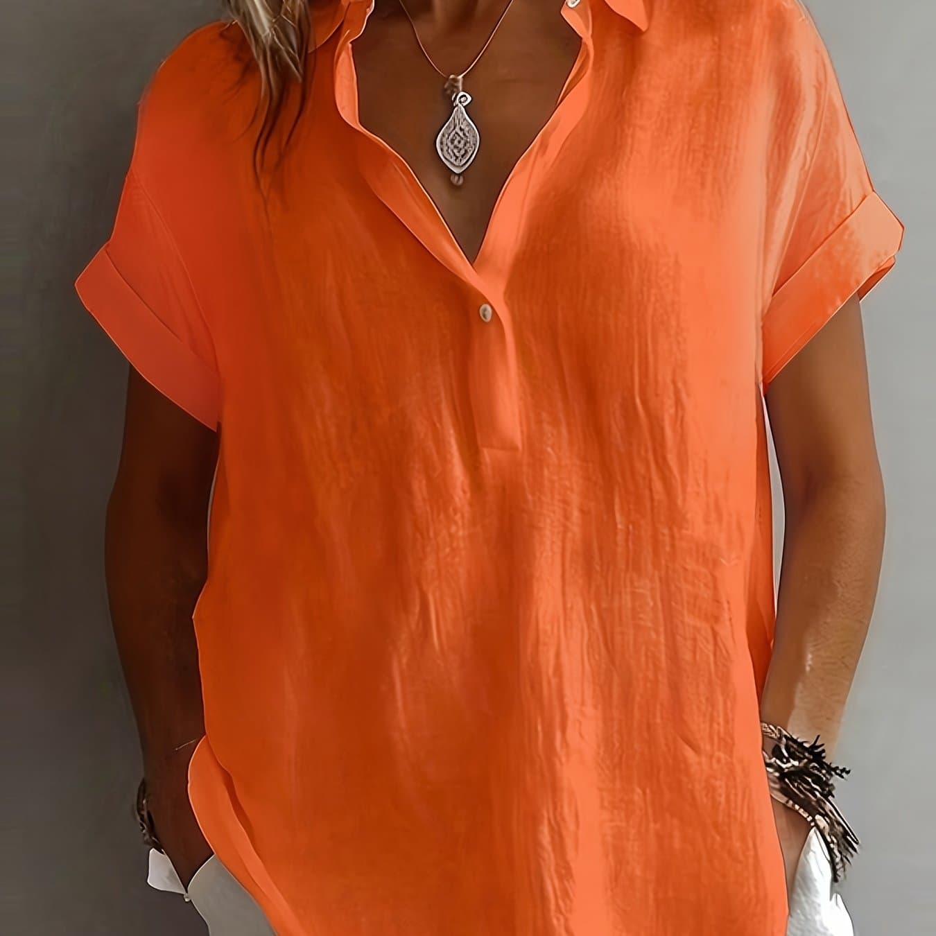 TEMU Plus Size - Plus Size - Optional New Exquisite Elegant Directional Semi-open Neck Short Sleeve All-match Women's Plus Size Shirt