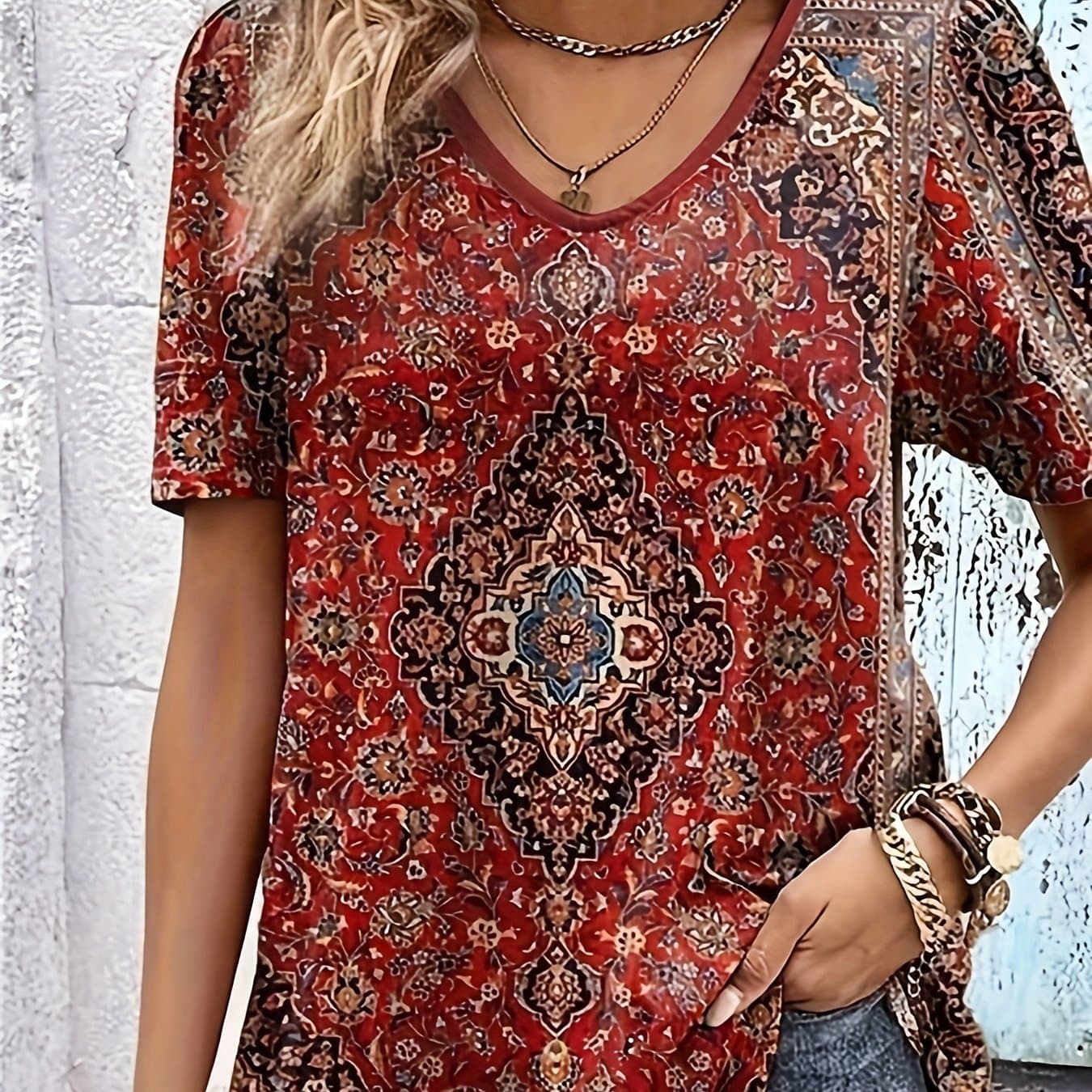 TEMU V - Neck Short - Sleeved Top With Retro Ethnic Print. Rich Red Background With Exquisite Patterns, And . Loose Fit Shows Casual And Unique Charm, Suitable For Dressing .