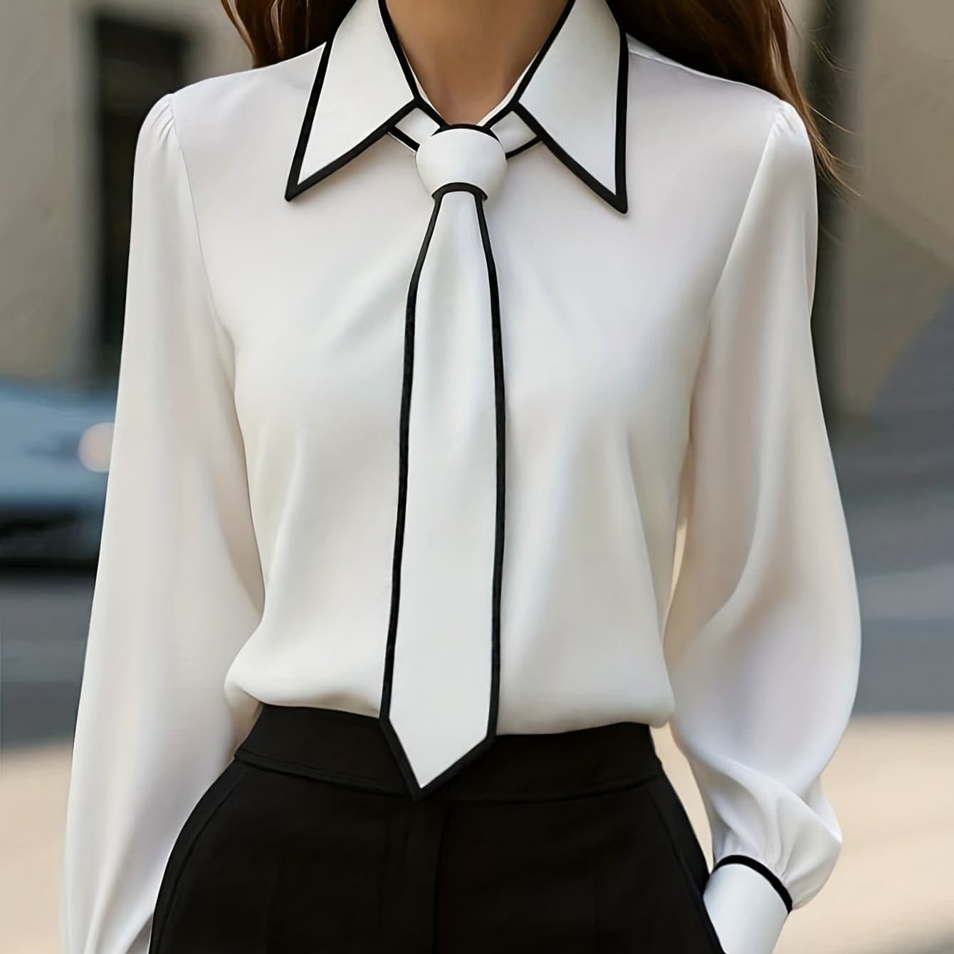 TEMU Elegant Women' Lace-up Top With Contrasting Trim Collar Long-sleeve Shirt