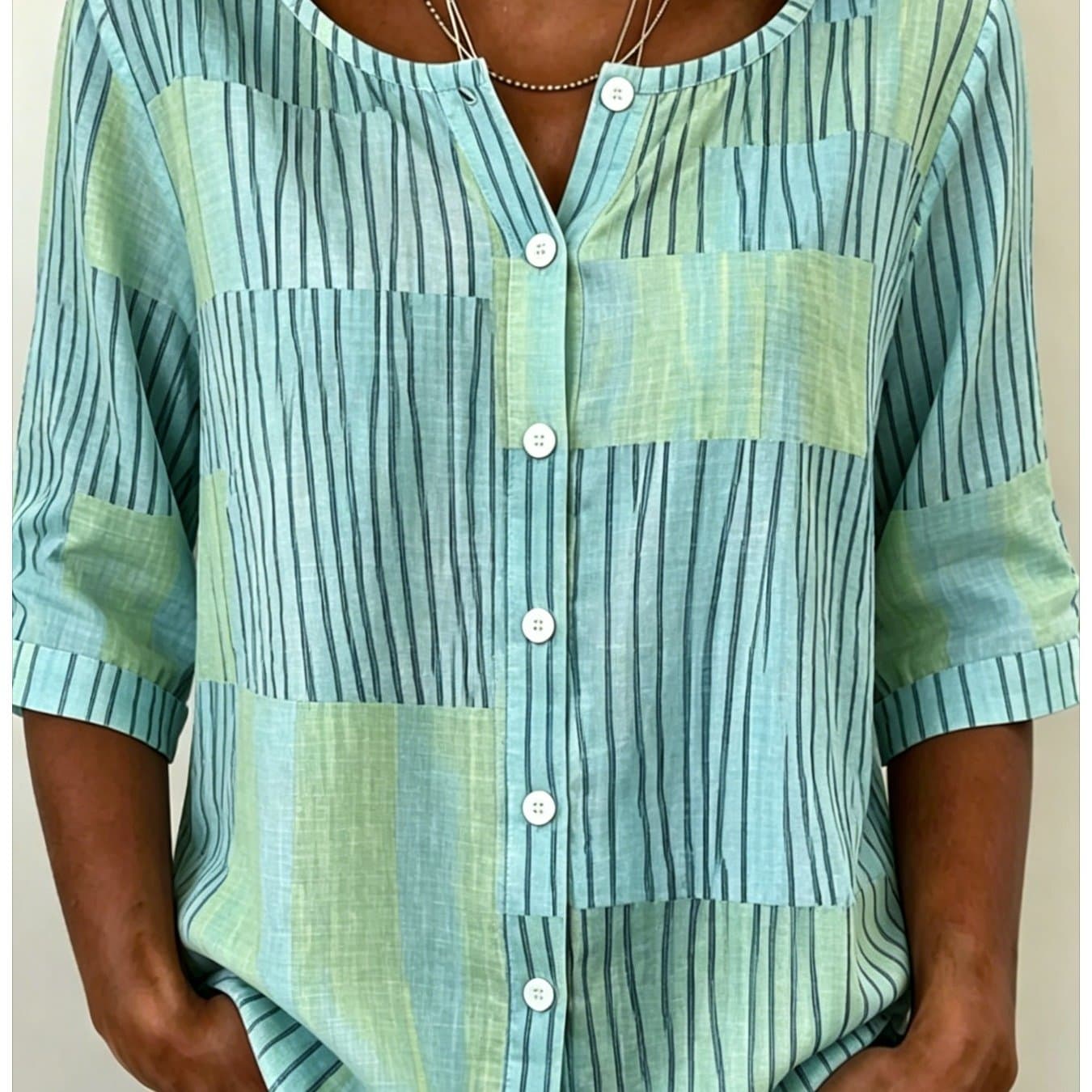 TEMU Women's Color- Geometric Print Round-neck Button- Shirt With Three-quarter Sleeves