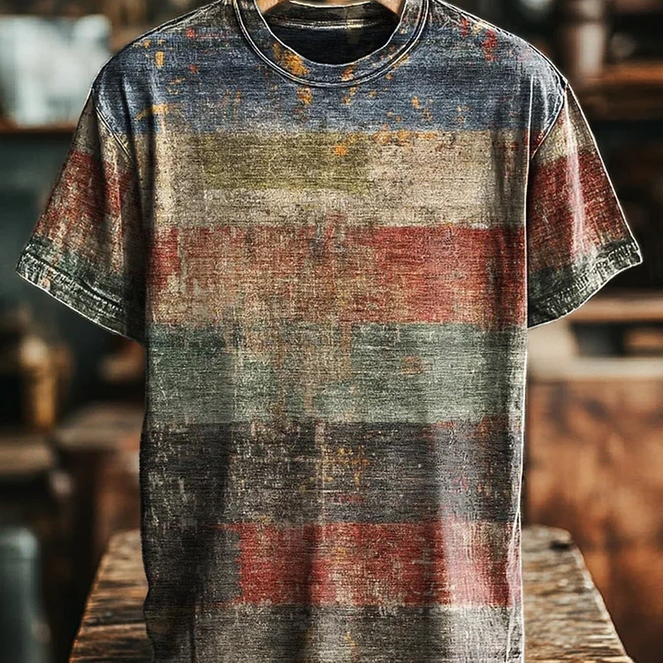 TEMU Men's Vintage Distressed Striped T-shirt - Color-block Short Sleeve Round Neck Casual Top With Suitable For - Wear, Machine Washable Polyester Fabric, Retro For Everyday Outfits & Layering (gift)