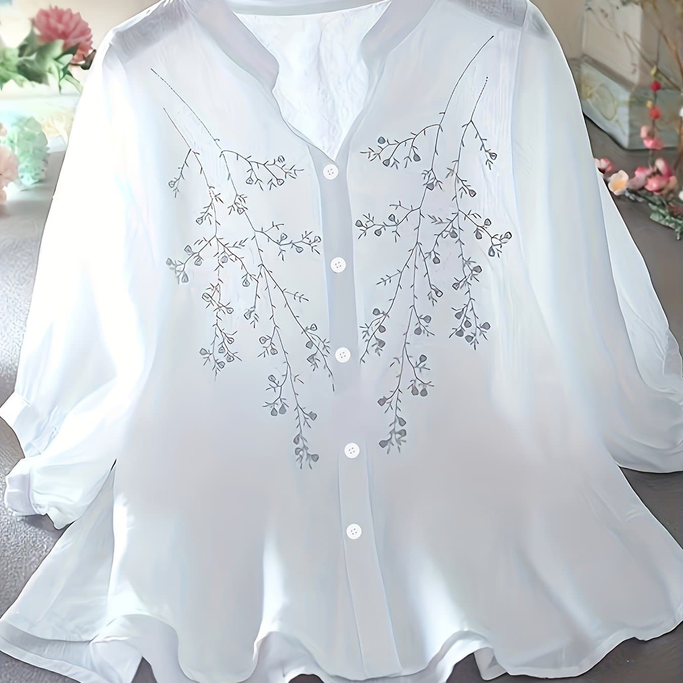 TEMU Women' Floral Embroidered Blouse - Long Sleeve, Stand Collar, Summer Shirt With Design, Casual Shirting Style For Adults, Floral Print Blous