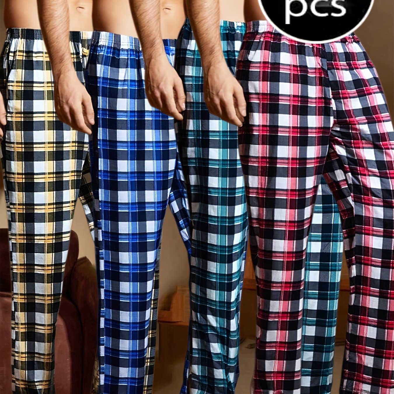 TEMU 4pcs Set Of Sleeping Pants For Men, And Summer 4 Plaid Long Pants, Comfortable And Lightweight, Loose Be Outdoors, 4 Combination Packs Of Elastic Waist Home Pants, Soft Pants