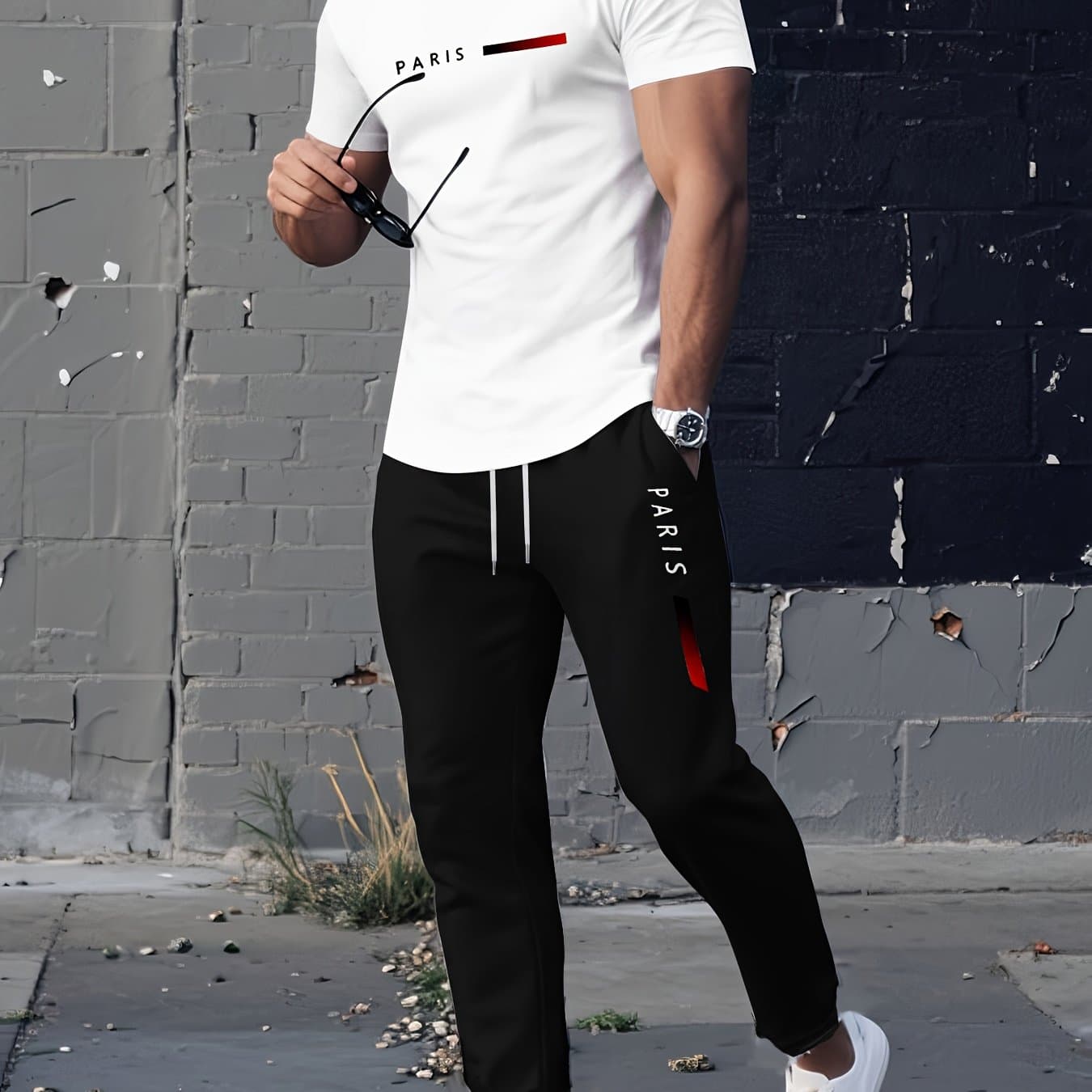 TEMU Trendy "paris" Print Outfit For Men, Featuring A Summer Round-neck Short-sleeve T-shirt And Casual Pants, Essential For Everyday