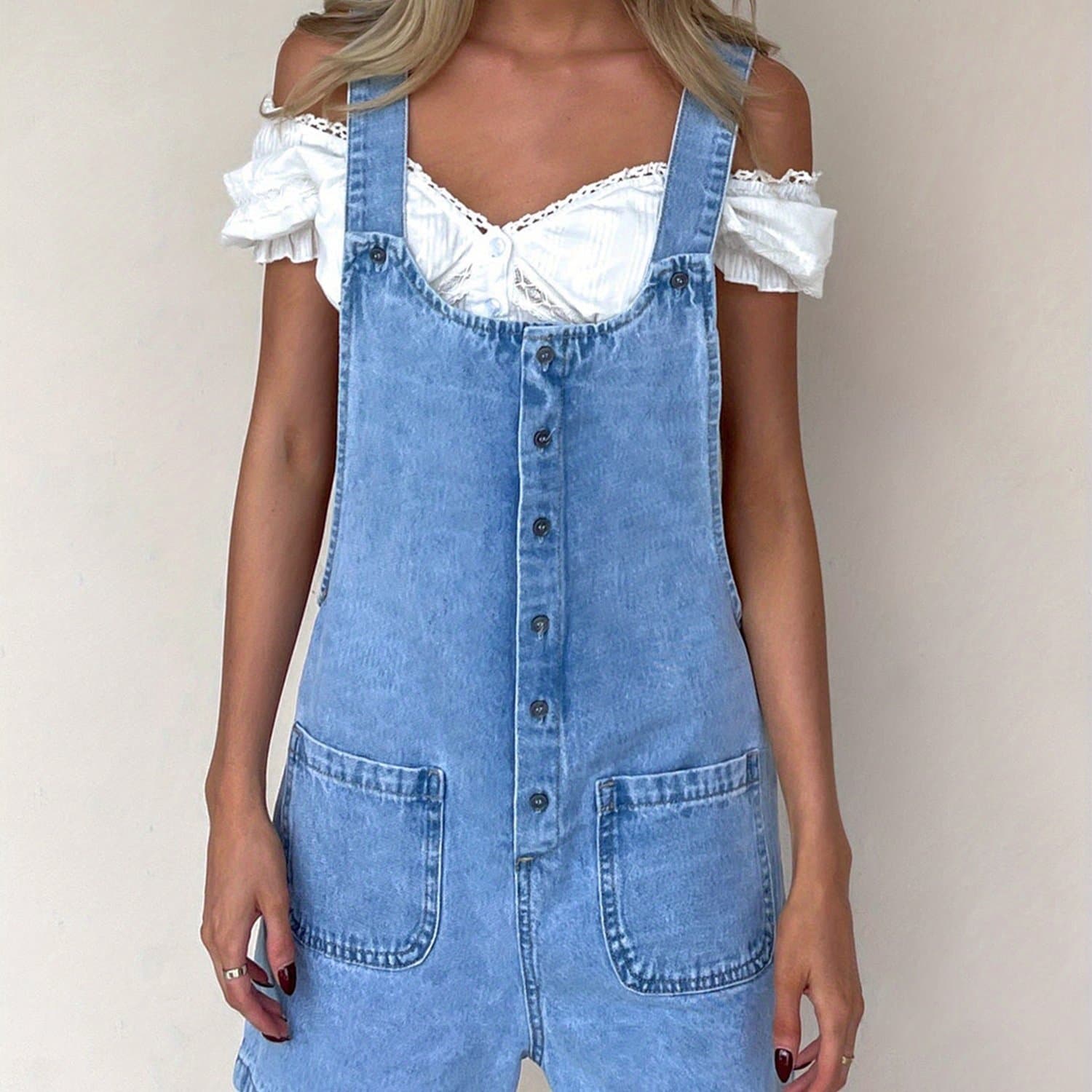 TEMU Women Denim Bib Overalls Shorts Solid Color Baggy Jean Button Jumpsuit Romper Pants With Pockets For Streetwear